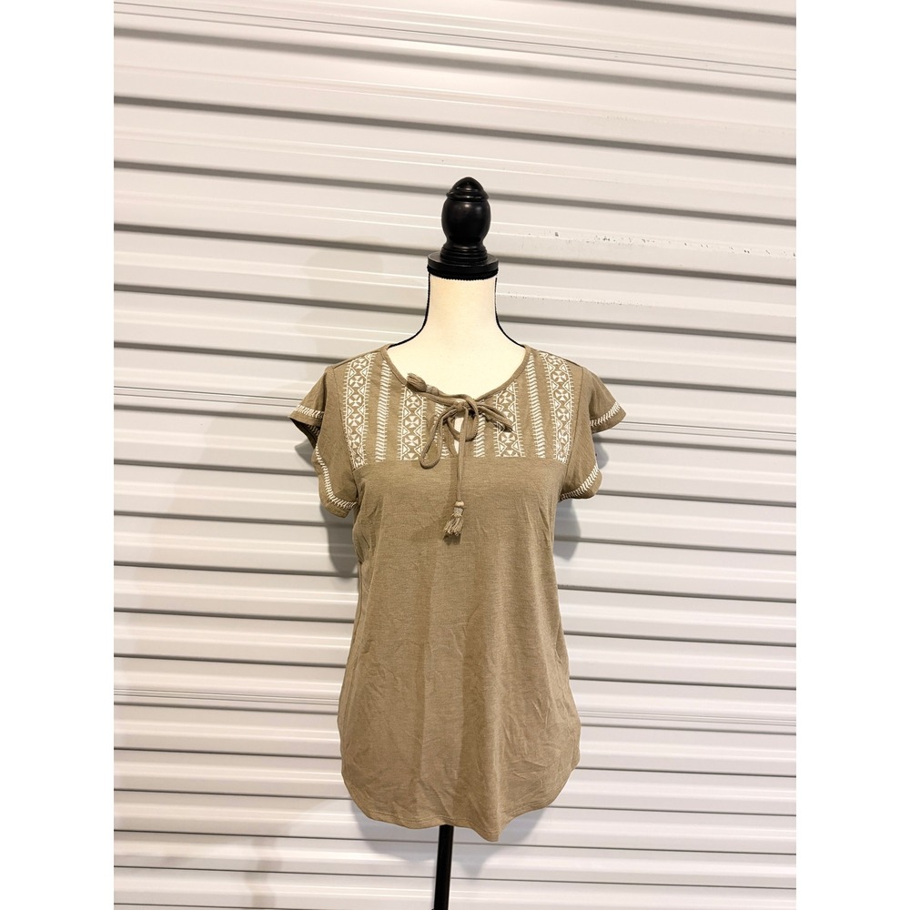 Adrianna Papell Embroidered Blouse Womens Size S Khaki Boho Tassel Keyhole Top